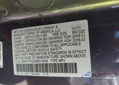 2021 Honda Passport 2Wd Sport z USA, uszkodzony, nr VIN 5FNYF7H22MB014439